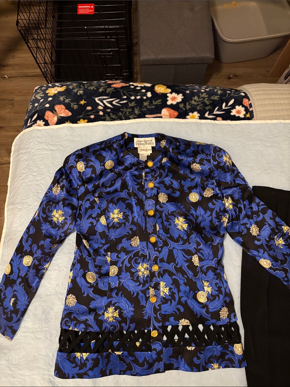 Caroline Rose Blue & Black Scroll Print Jacket w Gold Buttons Matching Skirt
